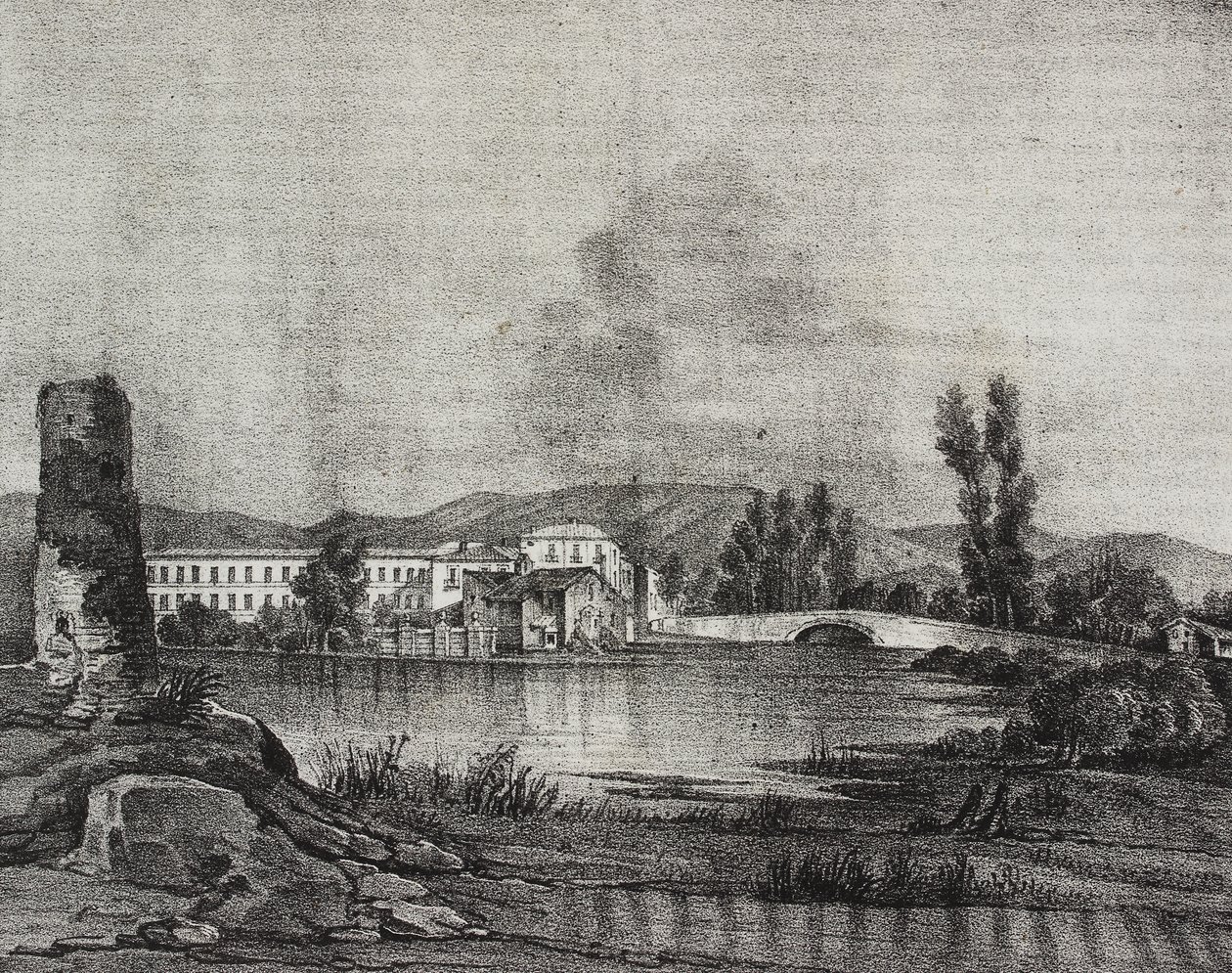 Udsigt over Santa Restituta fabrik og kirke på bredden af Fibreno-floden i Cornello, Lazio, Italien, litografi af Salvatore Puglia efter tegning af Raffaele Carelli, fra Poliorama Pittoresco, n 16, 26. november af Salvatore Puglia