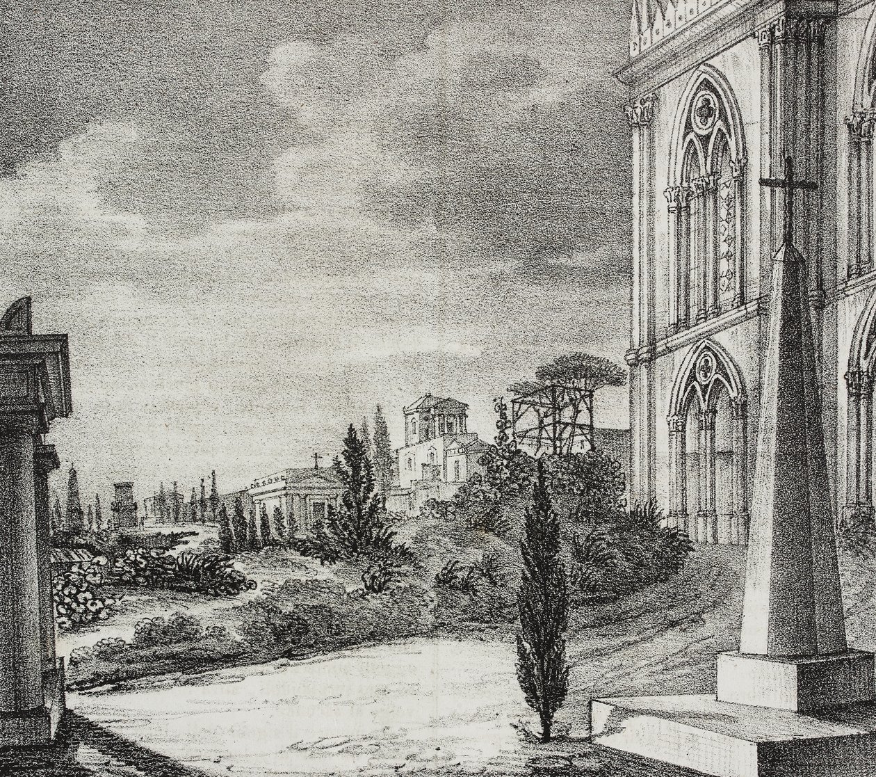 Udsigt over kirkegården fra gotisk kloster, Napoli, Campania, Italien, litografi af Salvatore Puglia fra Poliorama Pittoresco, n 34, 1. april af Salvatore Puglia