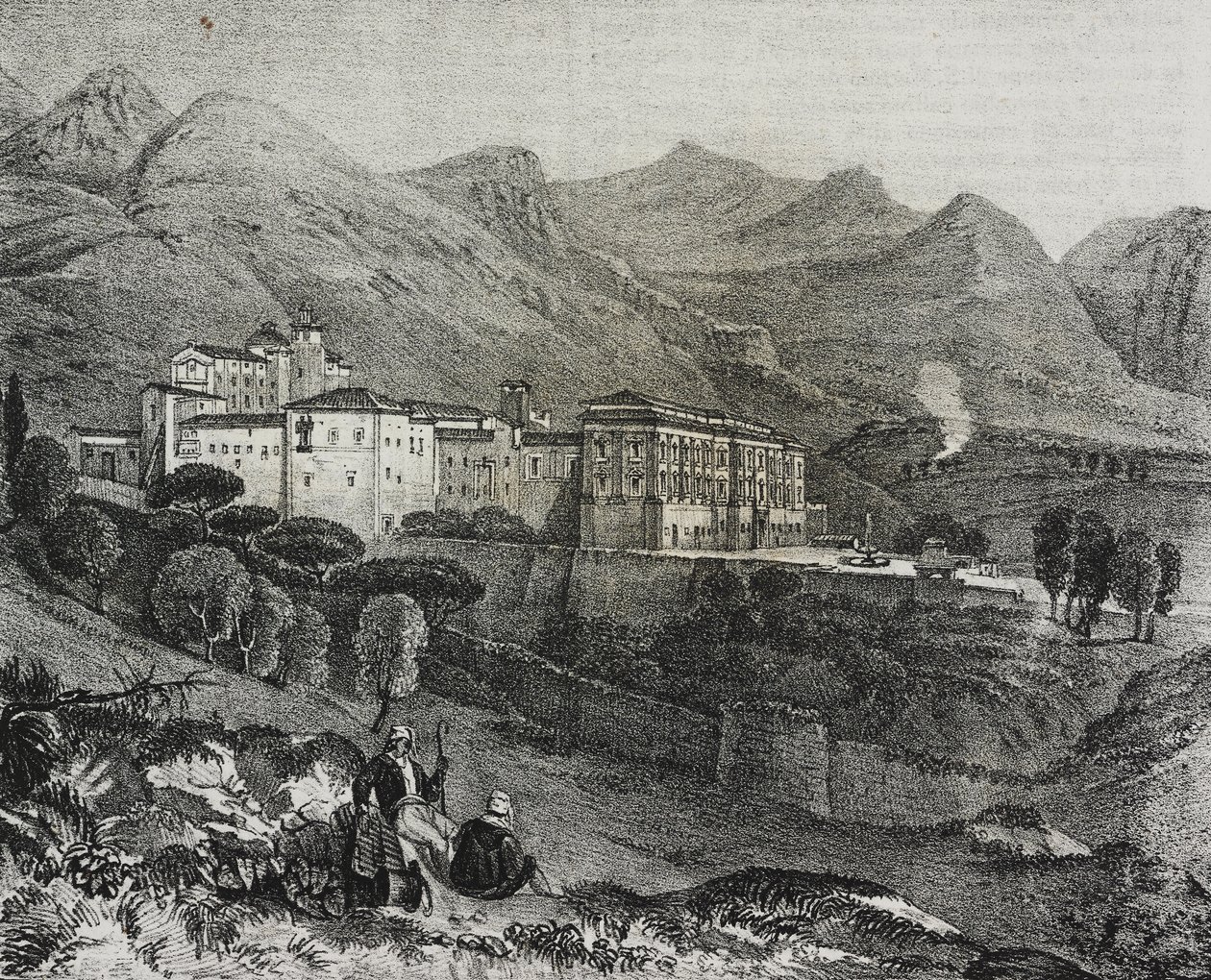 Udsigt over klostret San Martino delle Scale nær Palermo, Sicilien, Italien, litografi af Salvatore Puglia fra Poliorama Pittoresco, n 47, 2. juli af Salvatore Puglia