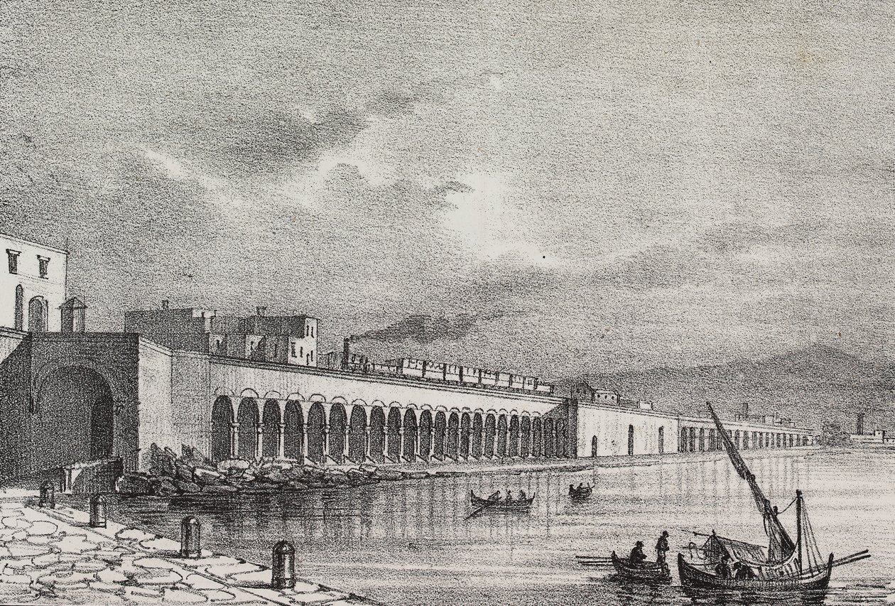 Udsigt over jernbanen ved Torre Annunziata, Campania, Italien, litografi af Gaetano Riccio fra Poliorama Pittoresco, n 21, 31. december af Salvatore Puglia