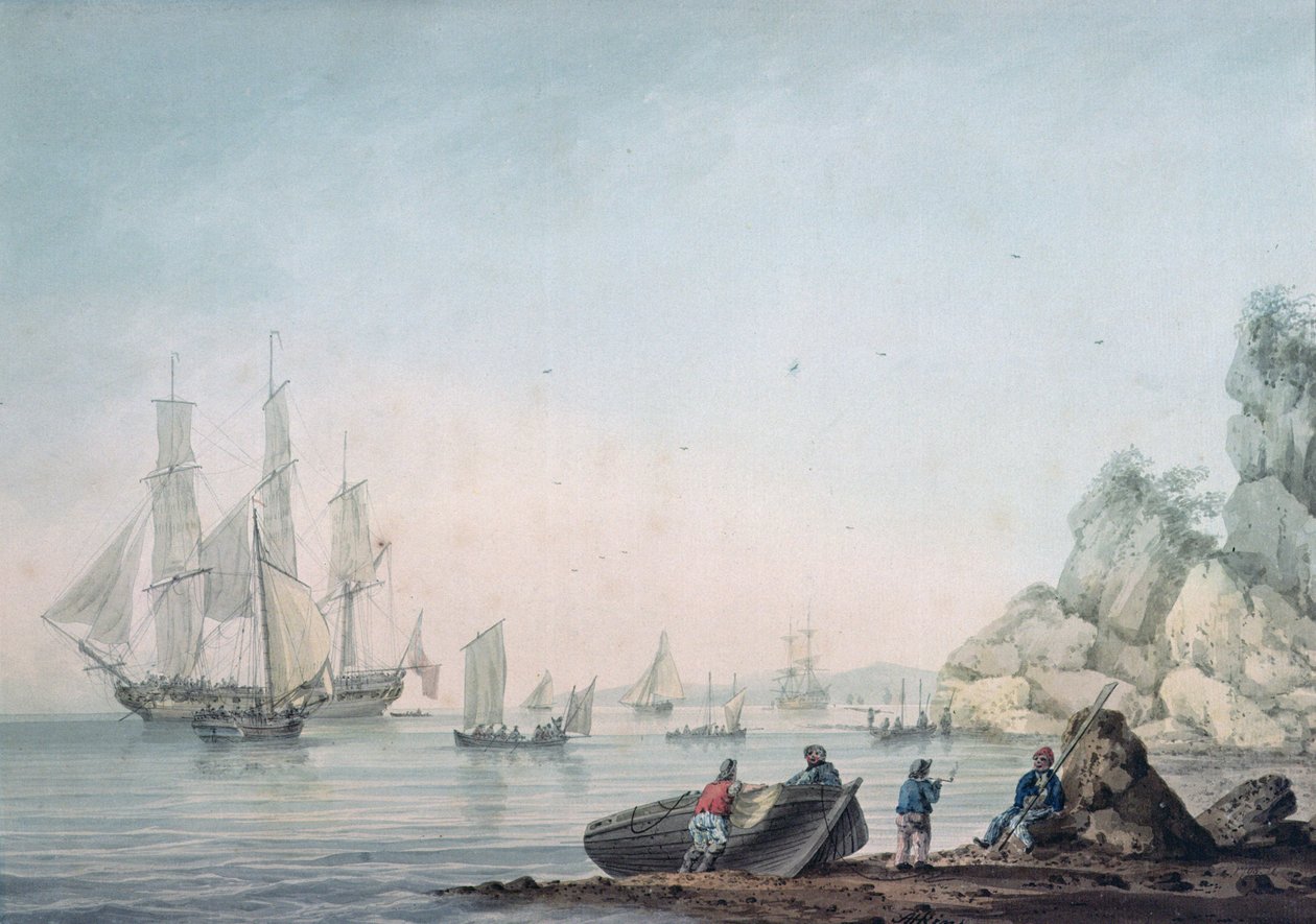 Marine View, med båd og figurer på en kyst af Samuel Atkins