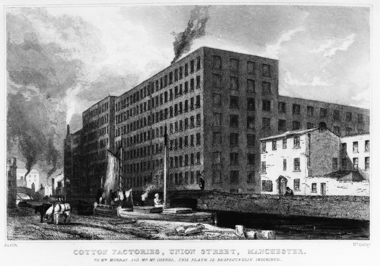 Cotton Factory, Union Street, Manchester, graveret af John McGahey, 1829 af Samuel Austin