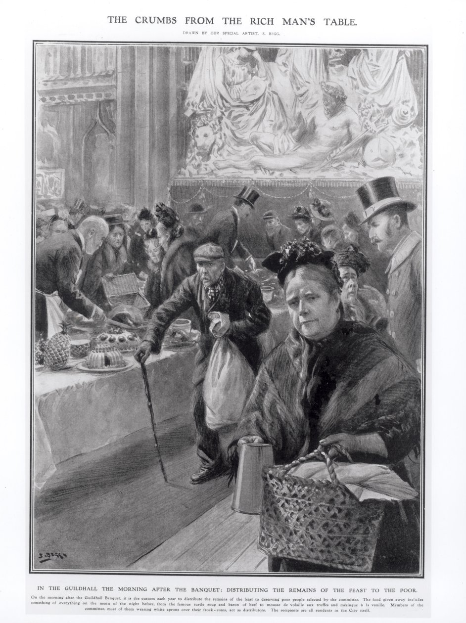 Krummerne fra den rige mands bord: Uddeling af resterne af festen til de fattige i Guildhall morgenen efter banketten, 1908 af Samuel Begg