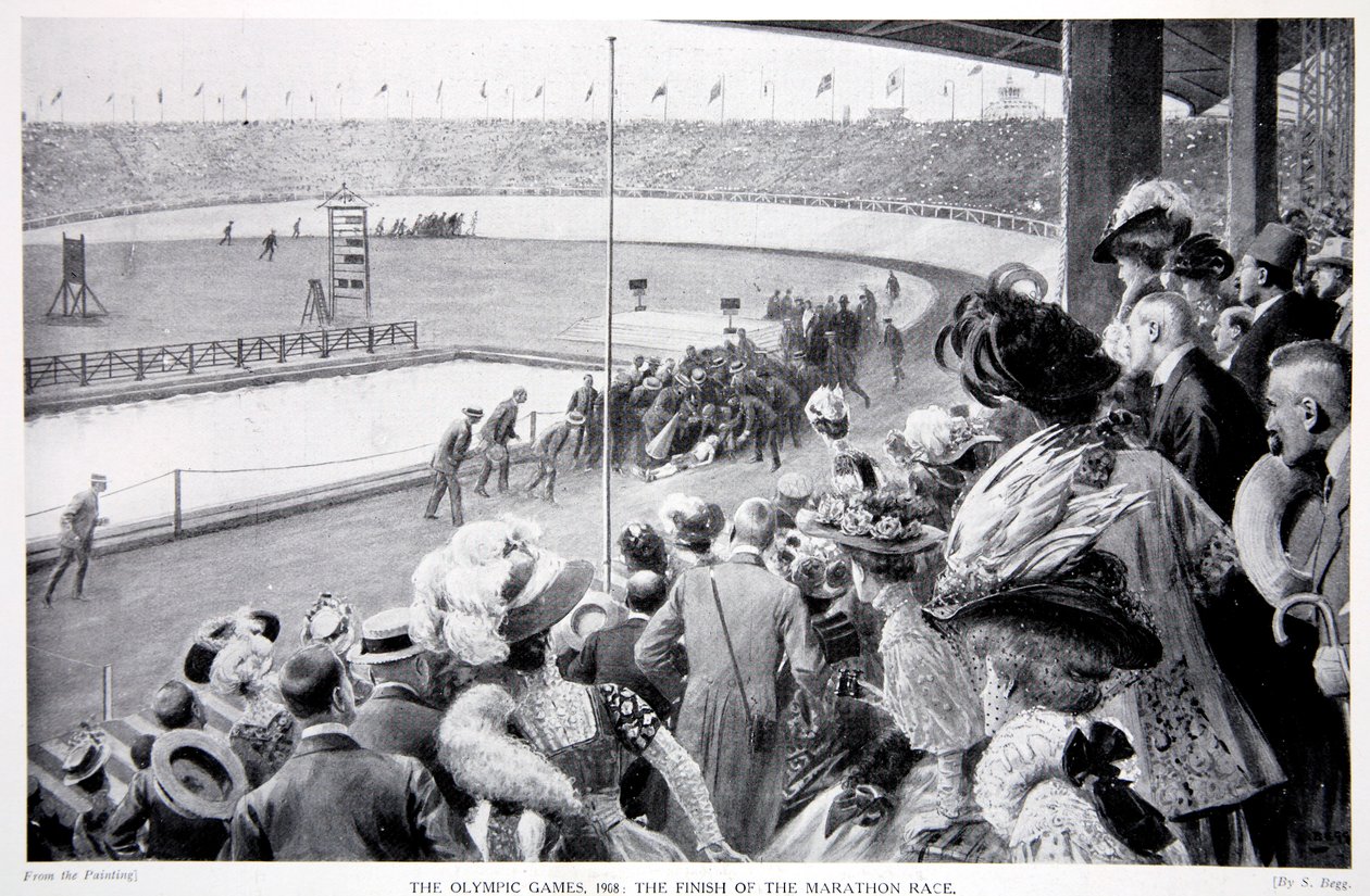 Afslutningen af maratonløbet, De Olympiske Lege, 1908 af Samuel Begg