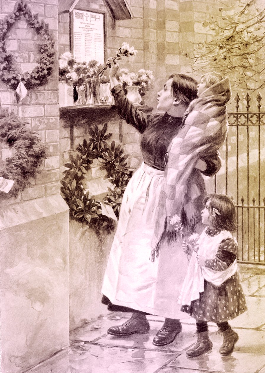 WW1: mor og børn placerer blomster ved et krigsmindesmærke af Samuel Begg