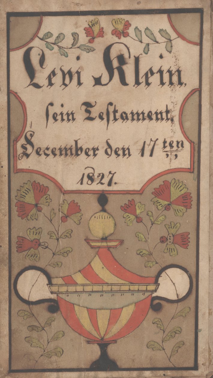 Bogplade til Levi Klein, 1834 blæk og farve på papir af Samuel Bentz