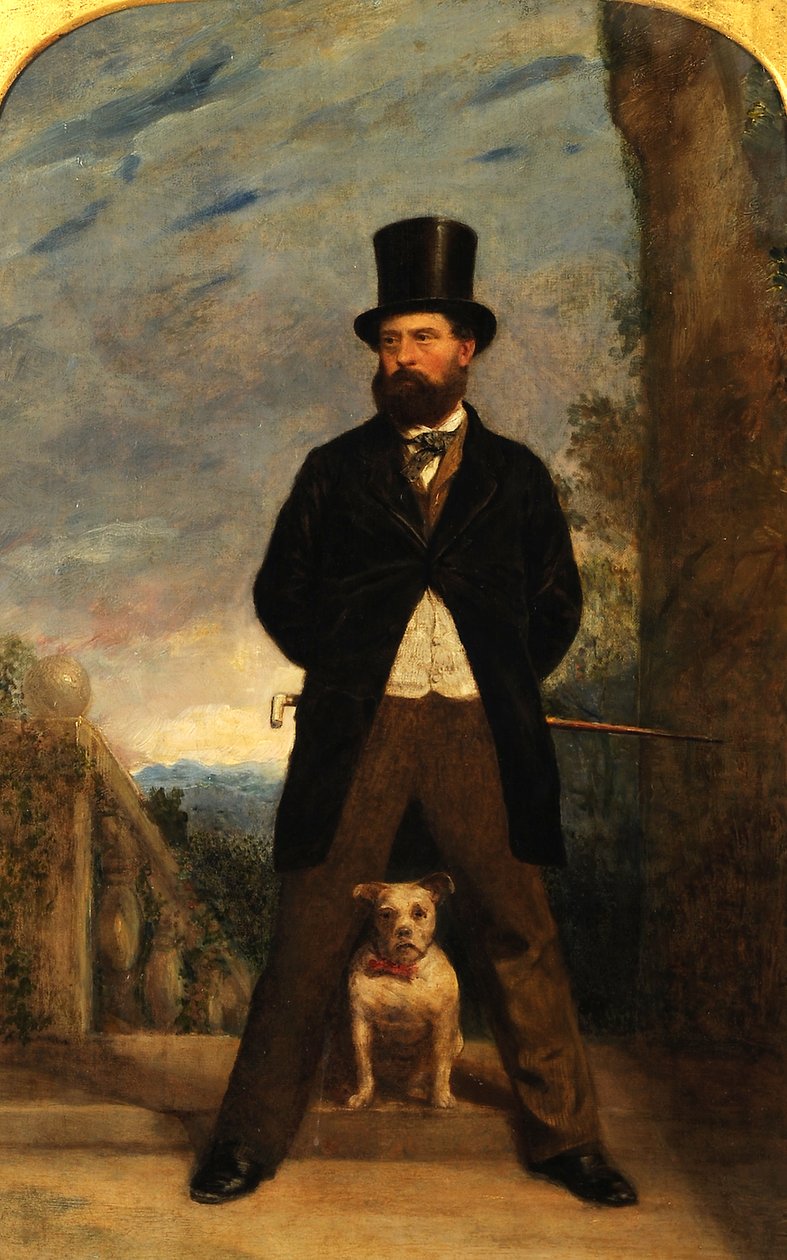Selvportræt med sin hund, Madame Sacchi, ca. 1866 af Samuel Bough