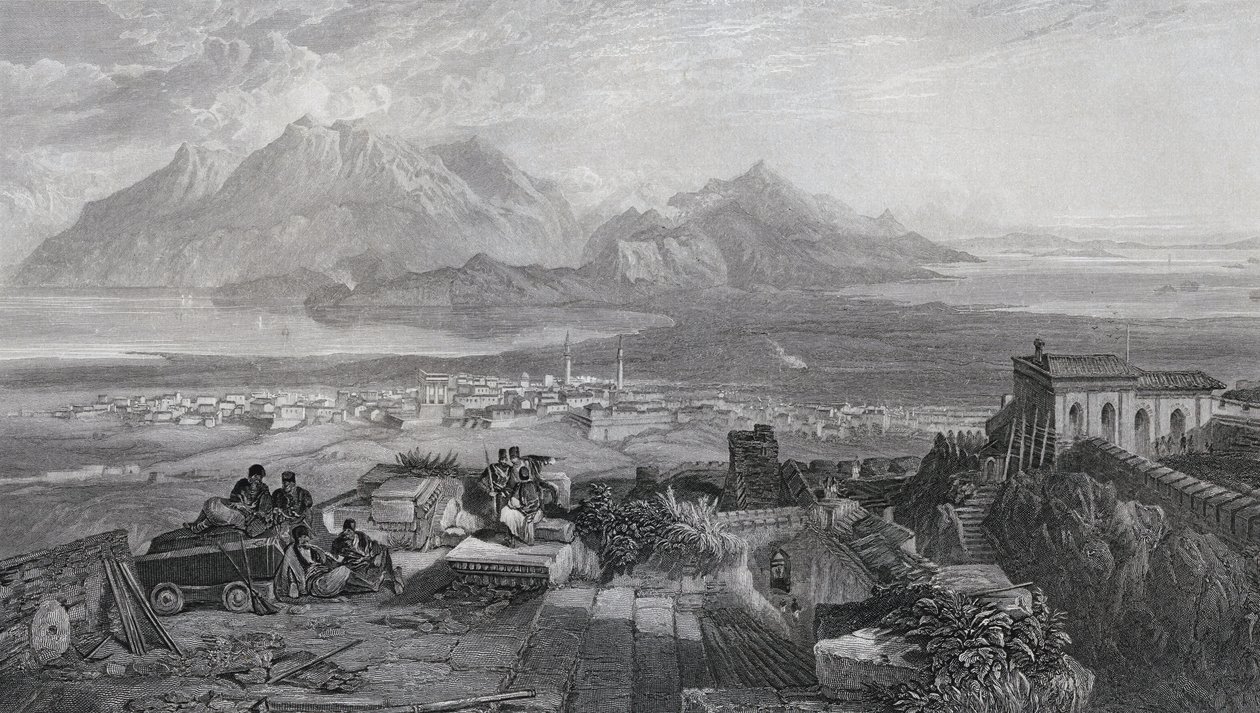 By og Isthmus of Corinth set fra Akropolis, indgraveret af W. Miller, fra 