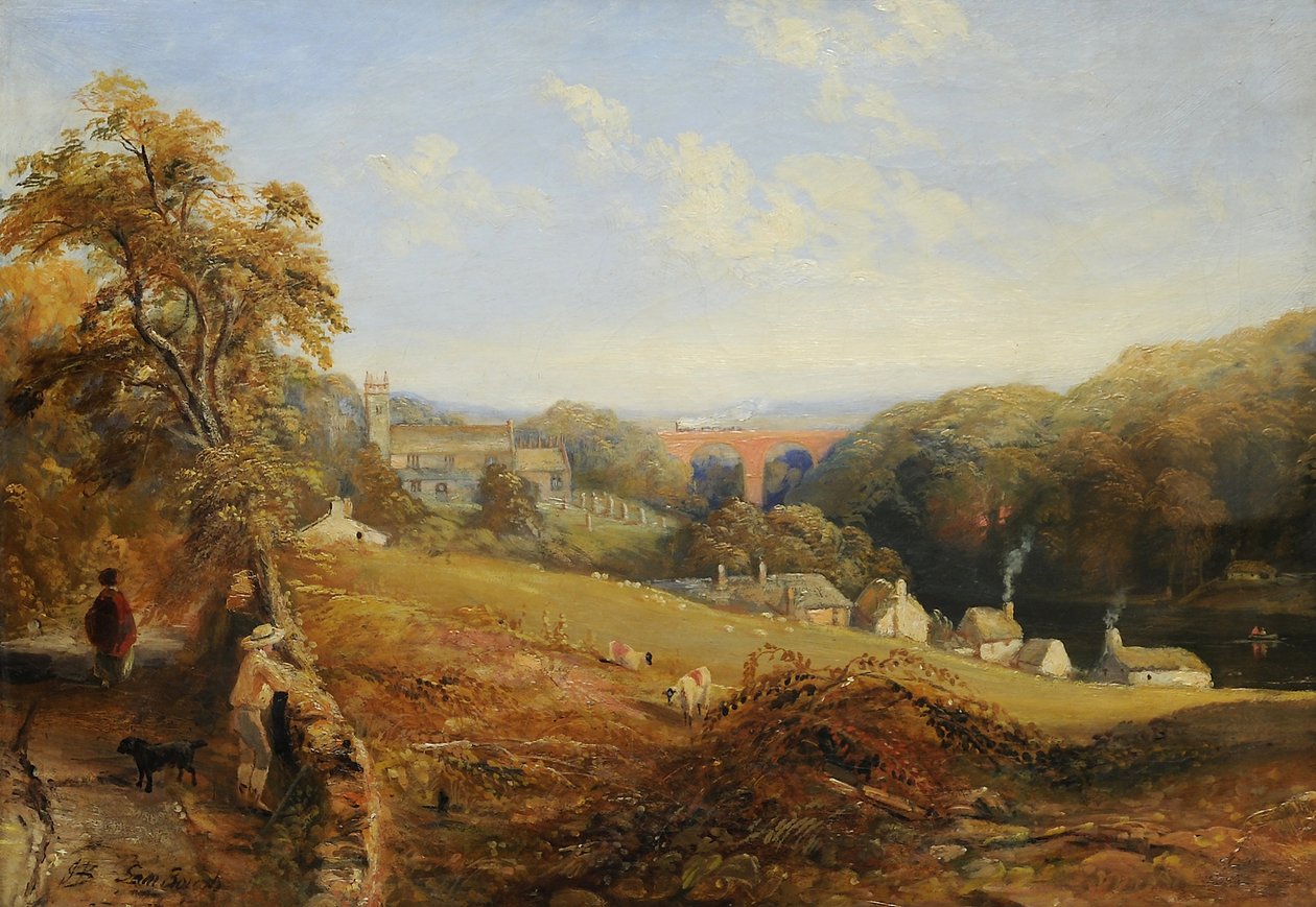 Wetheral - Udsigt over floden Eden, der viser Wetheral Church og Viaduct, og Corby Ferry, ca. 1845 af Samuel Bough