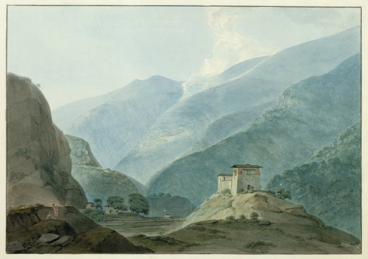Chukha Castle i Bhutan, 1783 (wc over grafit på papir) af Samuel Davis