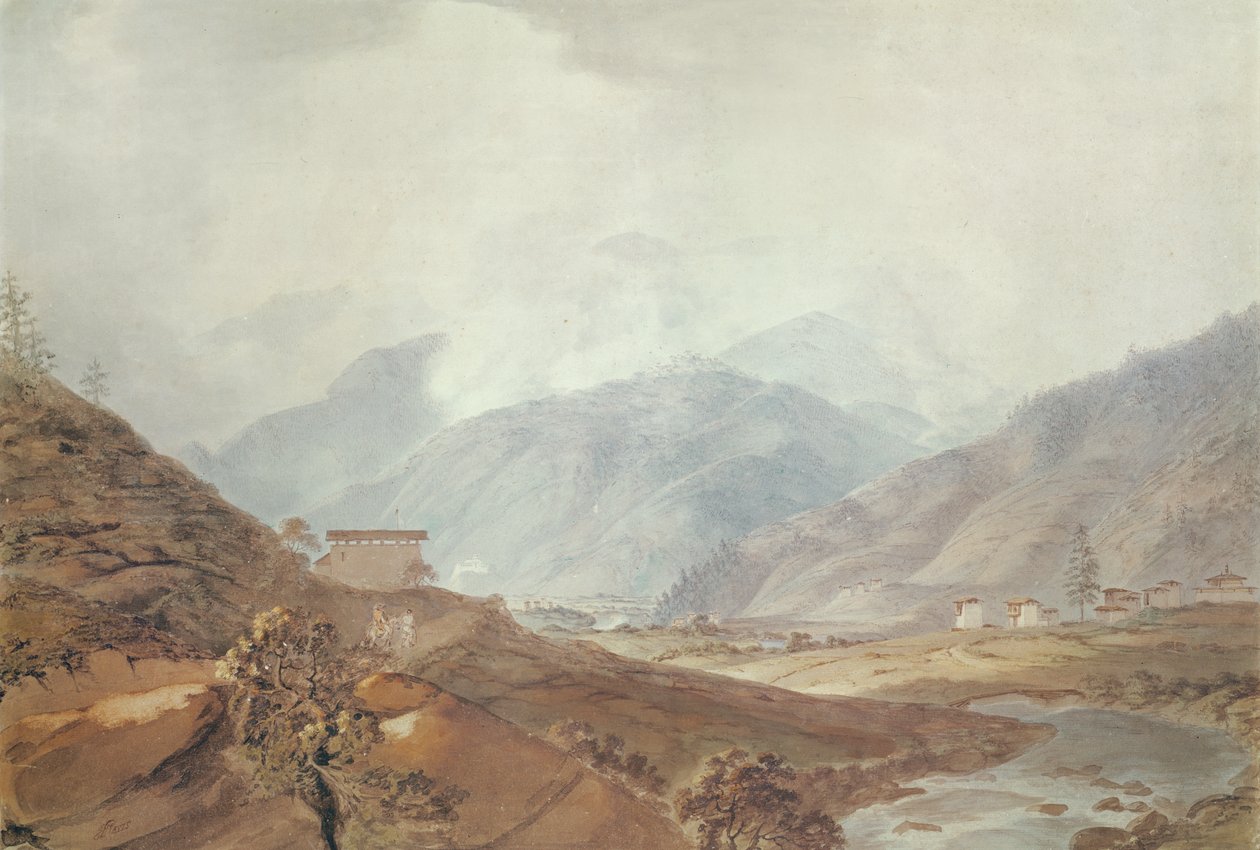 Bjergscene nær Thimphu, Bhutan, 1783, af Samuel Davis