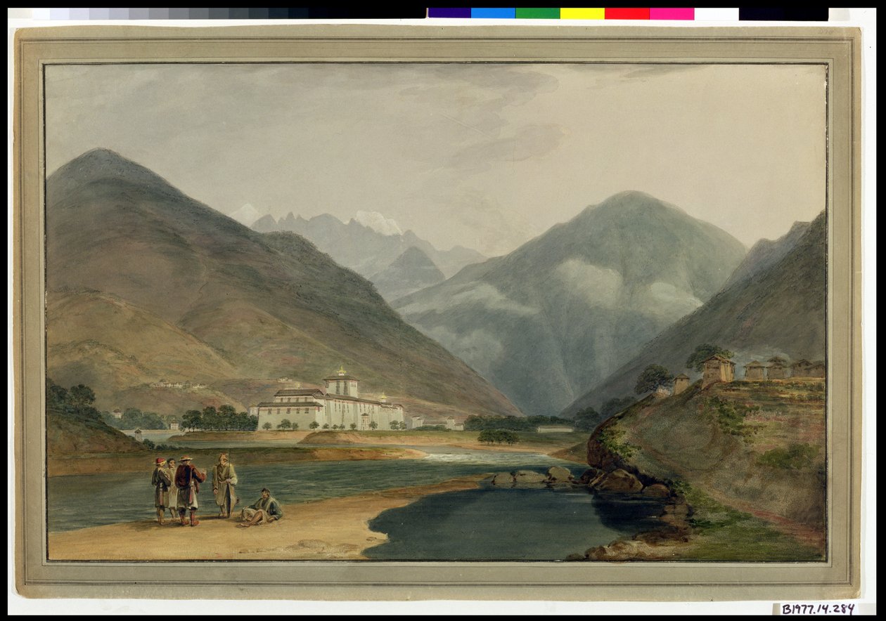 Bhutans tidligere vinterhovedstad ved Punakha Dzong, 1783 af Samuel Davis