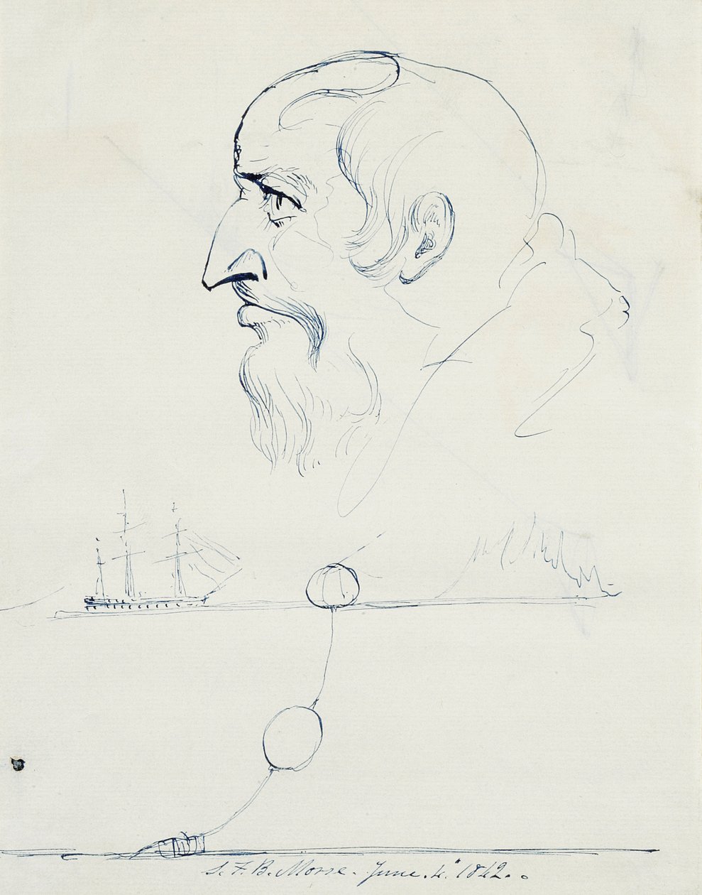 Profil af en skægget mand og design for Atlantic Cable, 1842 (pen og blåt blæk på cremepapir) af Samuel Finley Breese Morse