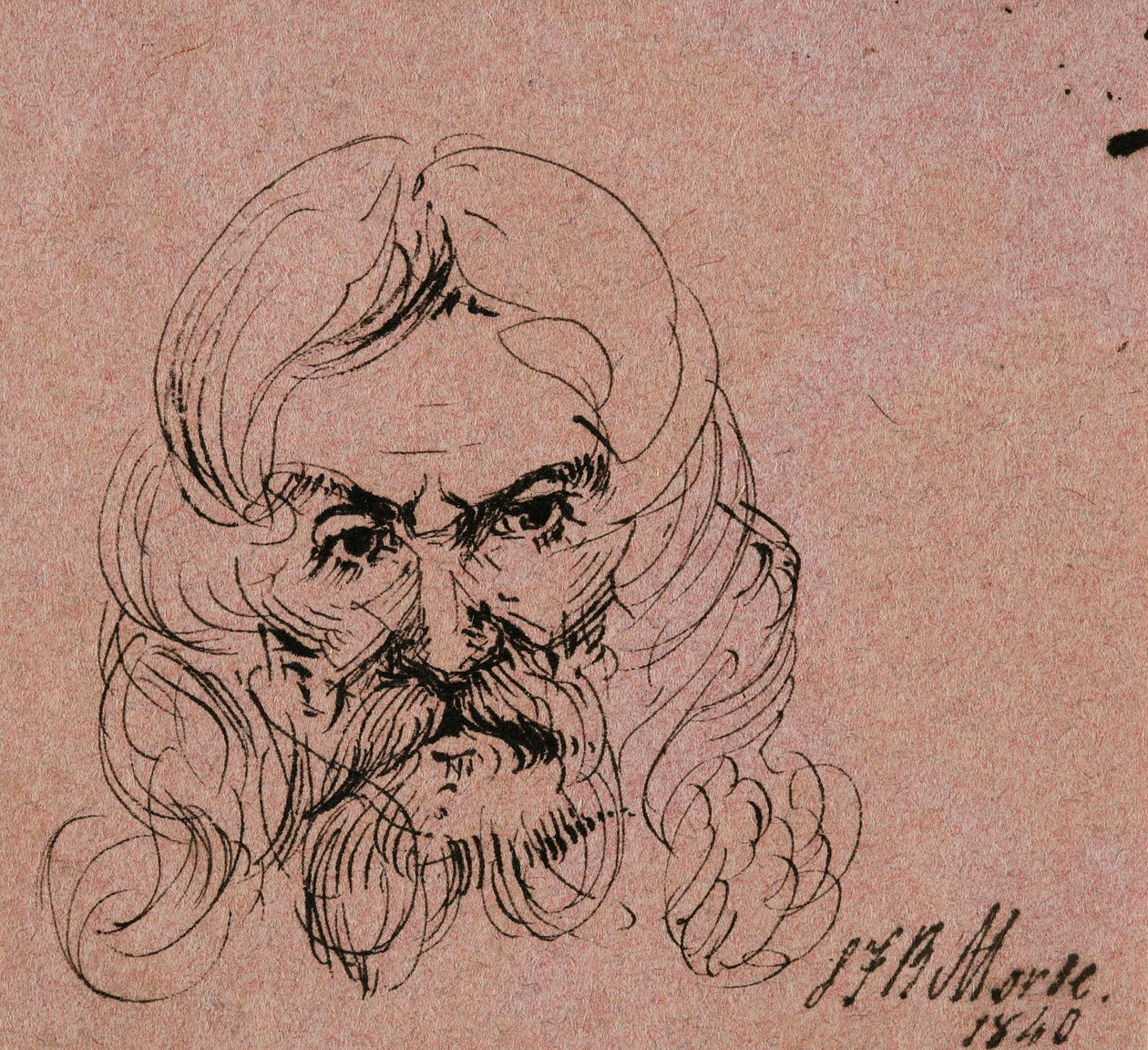 Skitse af hovedet af en skægget mand med langt hår, 1840 (pen & sort blæk på pink vævet papir) af Samuel Finley Breese Morse