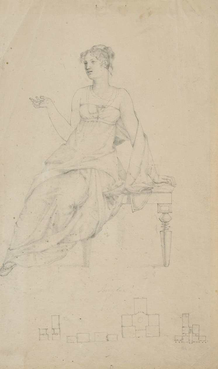 Kvinde siddende på en bænk og fire plantegninger af Samuel Finley Breese Morse
