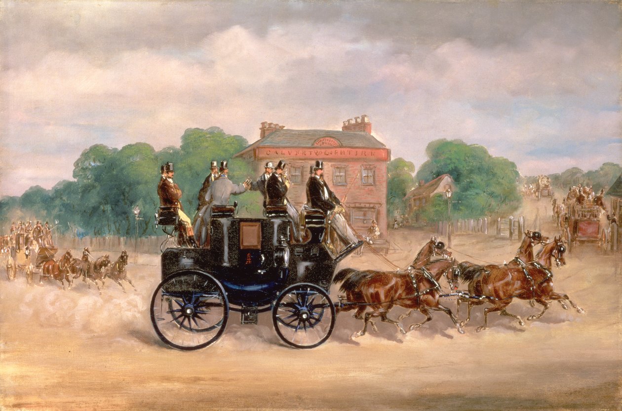 Træk fra Four-in-Hand Club forbi Five Bells Tavern, New Cross af Samuel Henry Alken