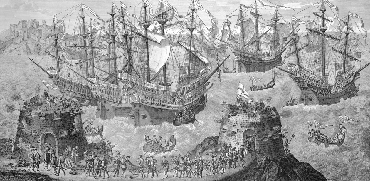 Indskibningen af Henrik VIII (1491-1547) i Dover, 31. maj 1520, forberedelse til hans interview med den franske konge Frans I (1494-1547) pub. i 1781, indgraveret af James Basire (bundw foto af Samuel Hieronymous Grimm