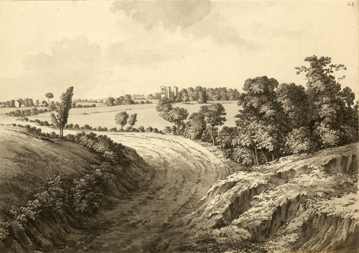 Hardwick Hall fra Thakley Lane i Derbyshire af Samuel Hieronymous Grimm