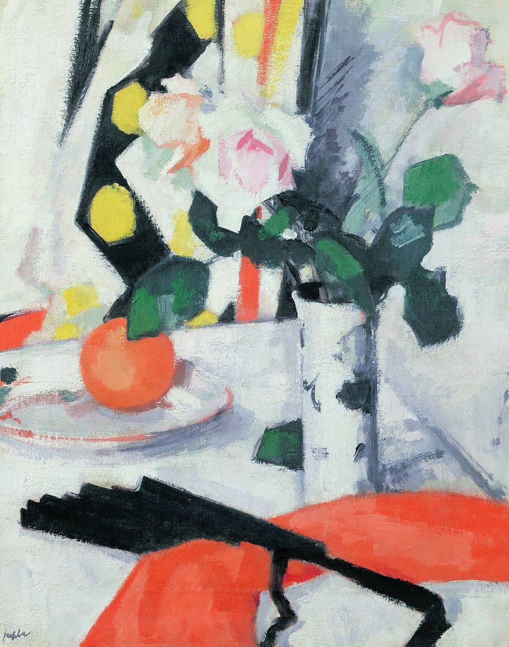 Stilleben: Roser i en kinesisk vase med sort vifte, 1924 af Samuel John Peploe