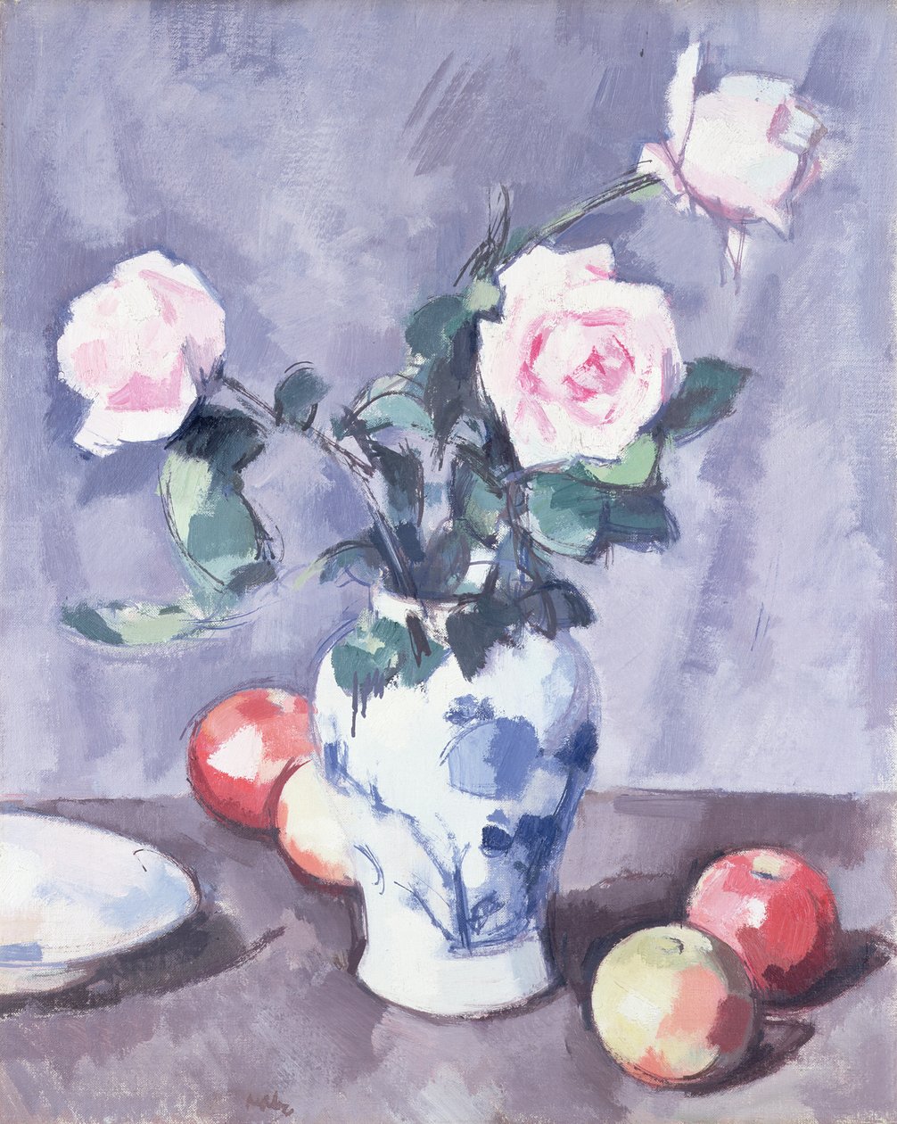 Stilleben med roser i en blå og hvid vase af Samuel John Peploe