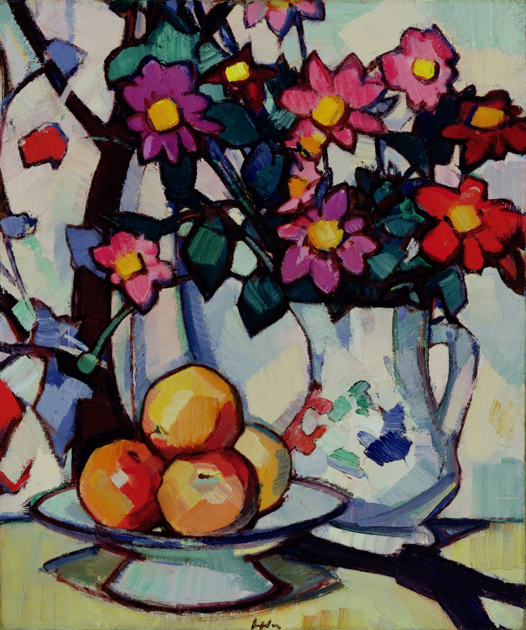 Stilleben af dahliaer og frugt, ca. 1910-12 af Samuel John Peploe