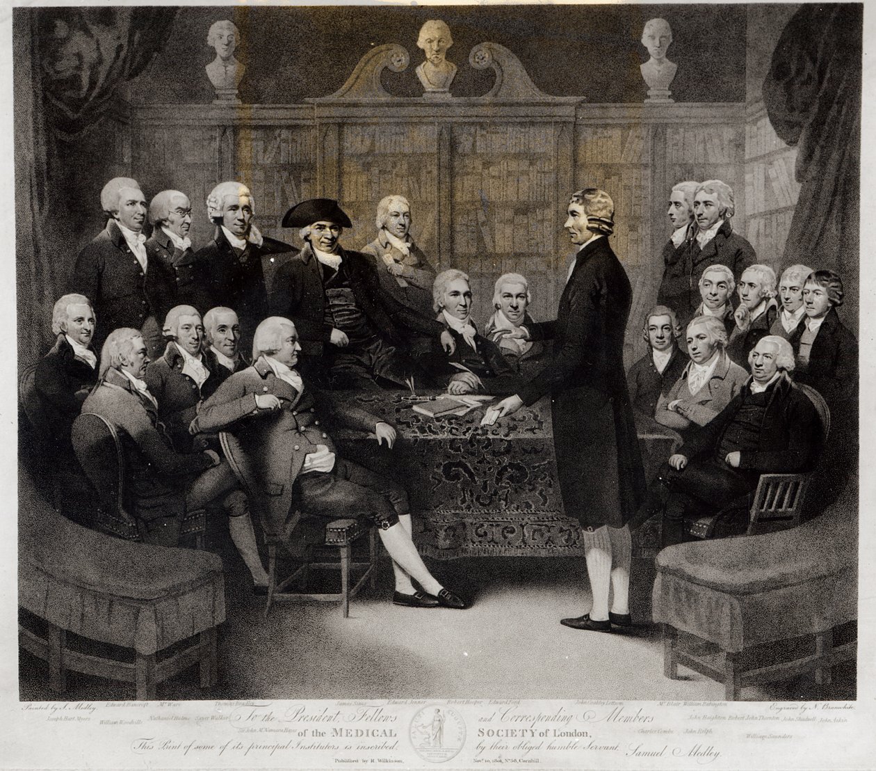 Gruppeportræt af præsidenten, stipendiater og korresponderende medlemmer af Medical Society of London, indgraveret af Nathan Cooper Branwhite (1775-1857), udgivet af R. Wilkinson, 1801 (bw foto) af Samuel Medley