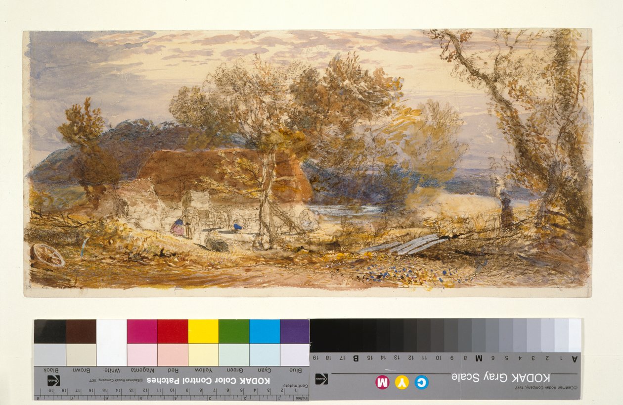A Farm in Kent, ca. 1826-32 (brun og blå kridt & wc) af Samuel Palmer