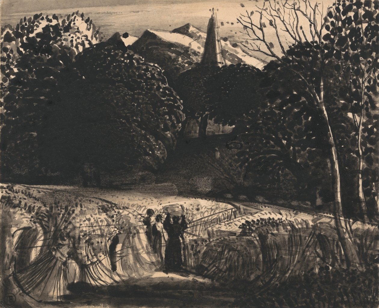 Cornfield and Church by Moonlight af Samuel Palmer