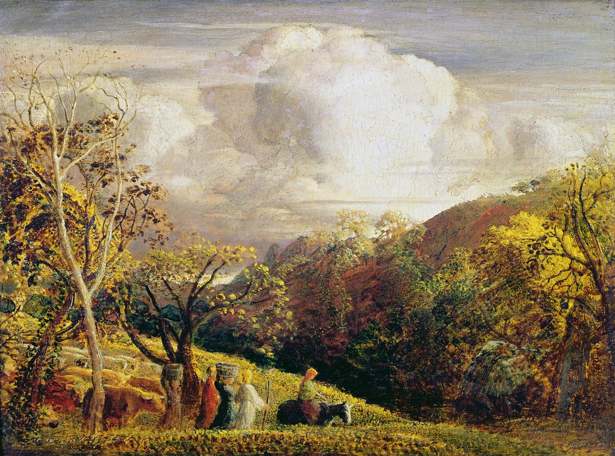 Landskab, figurer og kvæg (wc og kropsfarve på papir) af Samuel Palmer