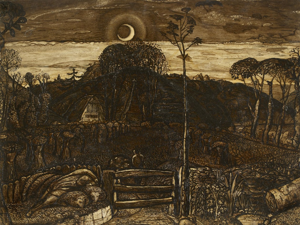 Late Twilight, 1825 (pen og mørkebrunt blæk med pensel i sepia blandet med gummi arabicum; lakeret) af Samuel Palmer