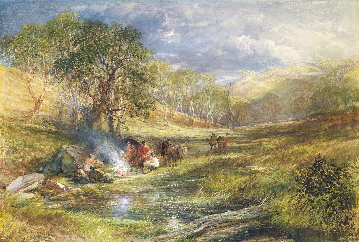 The Gypsy Dell - Moonlight (wc & kropsfarve med strejf af guld på papir) af Samuel Palmer