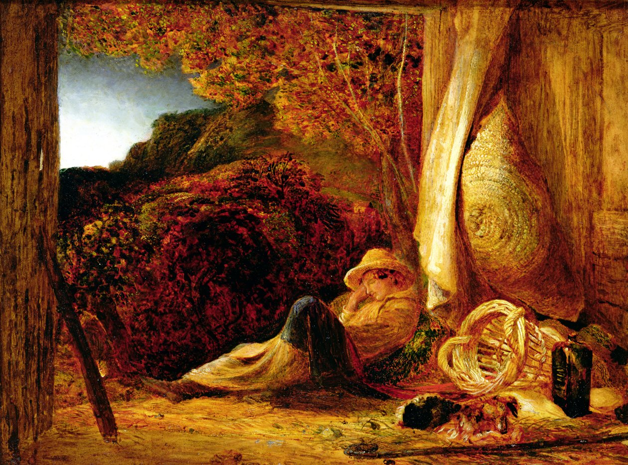 The Sleeping Shepherd, 1834 (tempera med olieglasur på papir, lagt på panel) af Samuel Palmer