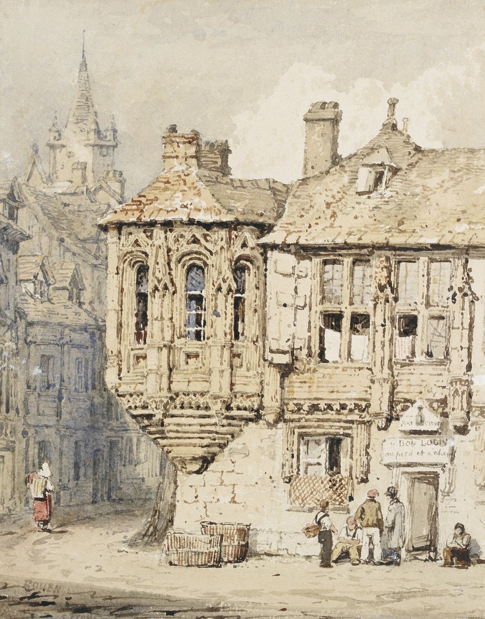 Gadescene i Rouen (akvarel over grafit, på papir) af Samuel Prout