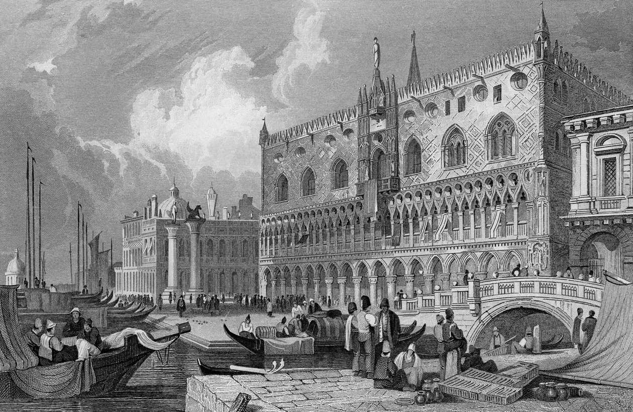 Canal Grande og Dogepaladset, Venedig, indgraveret af Charles Westwood, 1844 af Samuel Prout