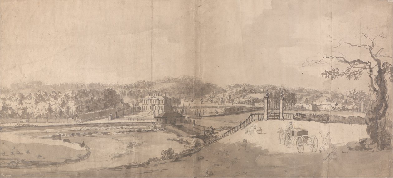 En udsigt over godset ved Eshott Hall, Yorkshire af Samuel Scott
