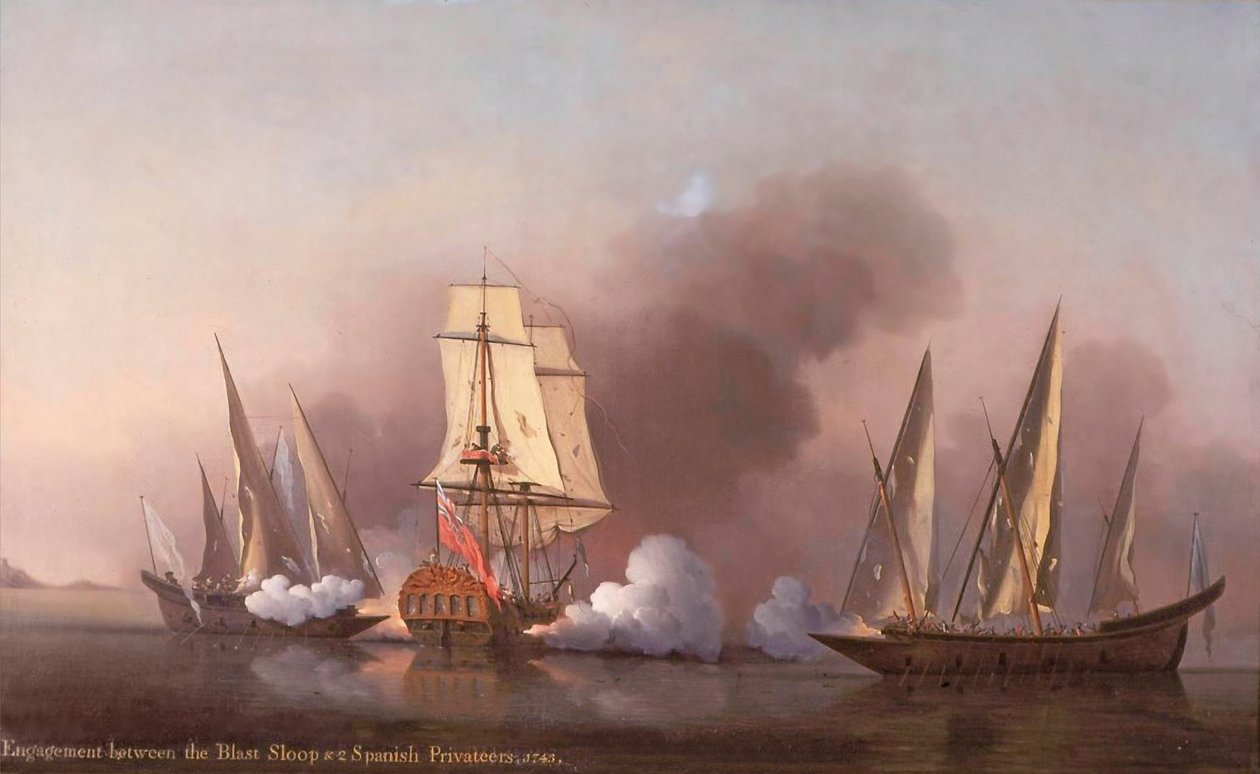 Forlovelsen mellem Blast Sloop og to spanske kapere, 1745 af Samuel Scott