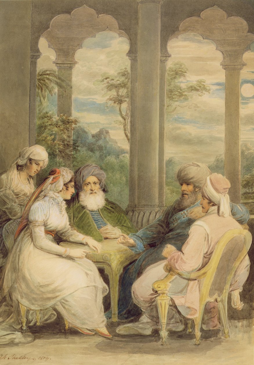 Prins Rasselas og hans søster samtaler i deres sommerpalads ved Nilens bred, 1804 (wc med kridt over grafit på papir) af Samuel Shelley