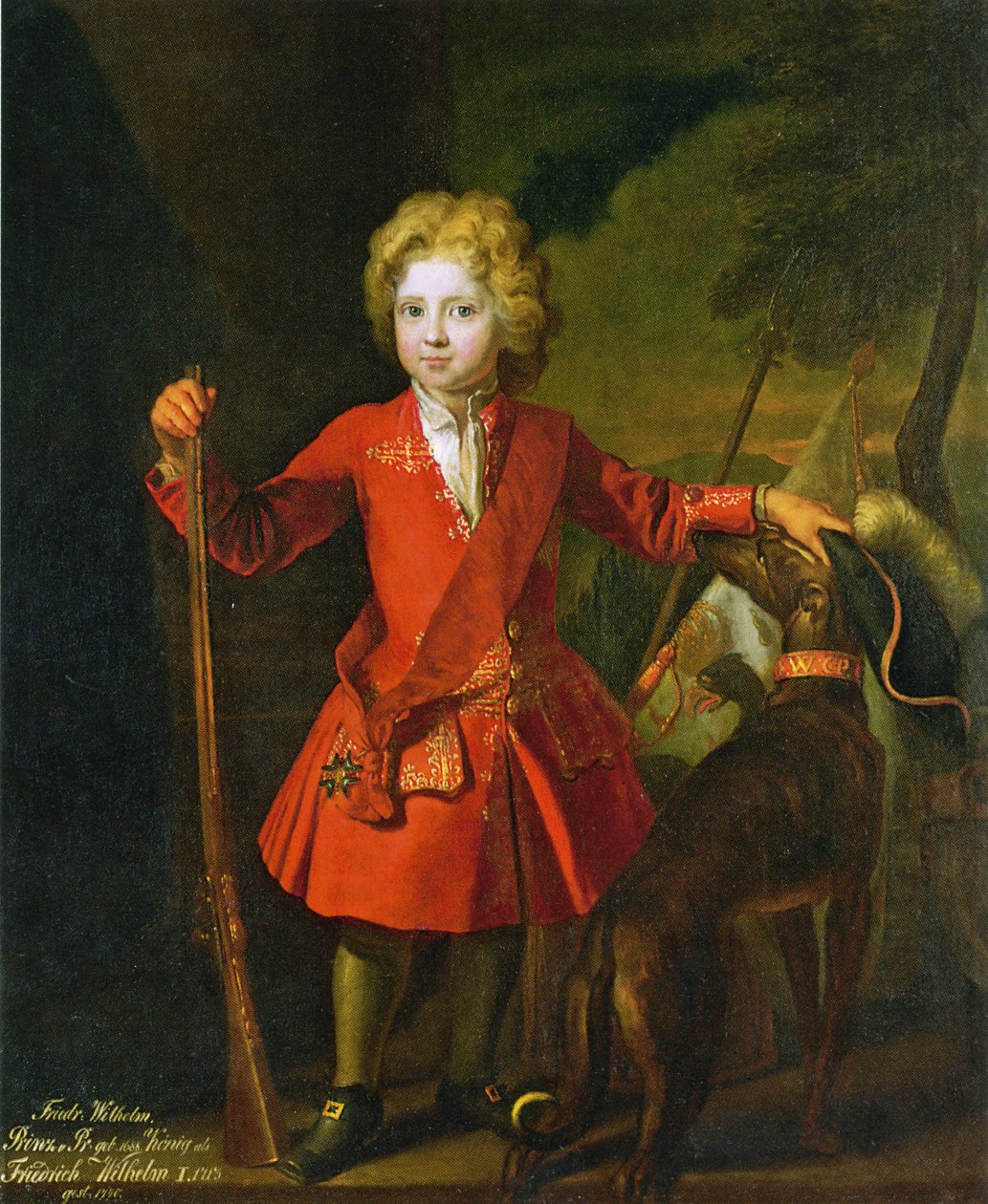 Friedrich Wilhelm I af Preussen som barn i en rød jagtfrakke og iført skærmen Order of the Black Eagle af Samuel Theodor Gericke