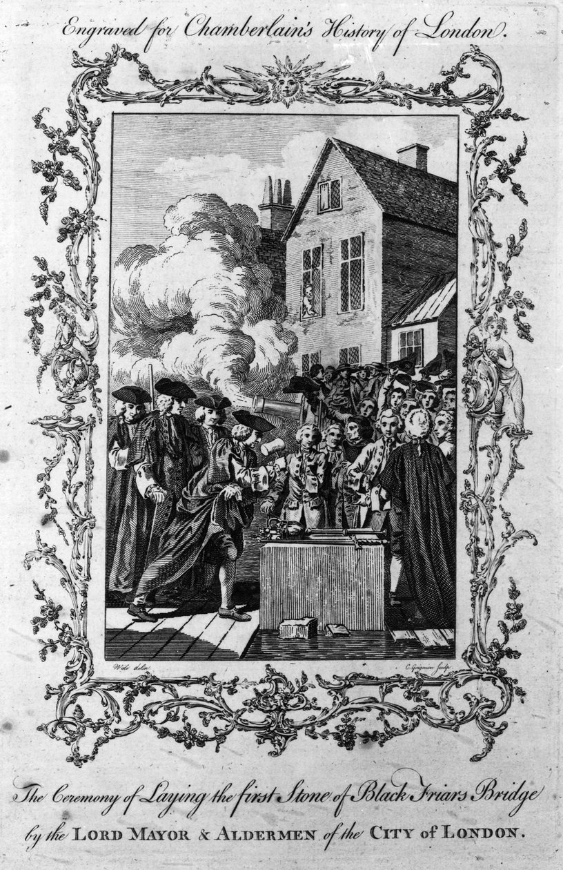 Ceremonien for at lægge den første sten til Blackfriars Bridge af Lord Mayor og Aldermen of City of London, indgraveret af Charles Grignion, 1760 af Samuel Wale