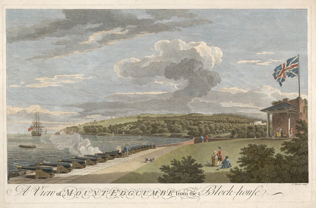 En udsigt over Mount Edgcumbe fra Block House, pub. 1755 (håndfarvet gravering) af Samuel after and Lambert Scott