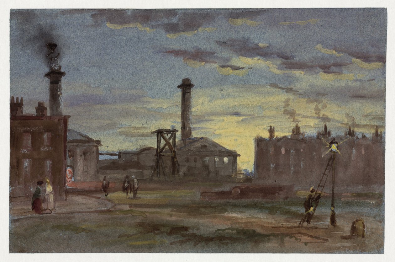 Gasværk ved solnedgang, ca. 1850 af Samuel attr. to Bough