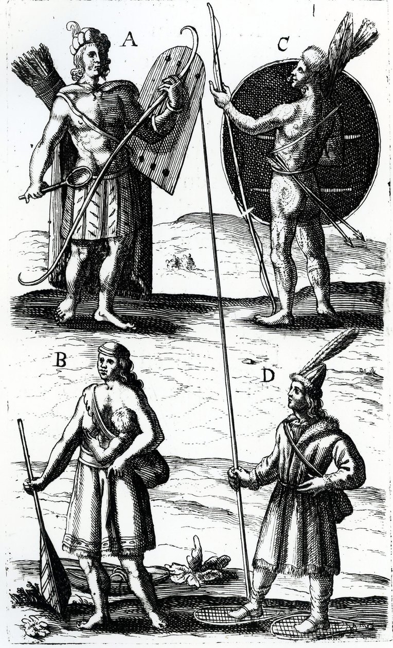 Illustrationer af Algonquin kjole, gravering fra Voyages of Sieur de Champlain af Samuel de Champlain (ca 1574-1635), 1600-tallet af Samuel de Champlain