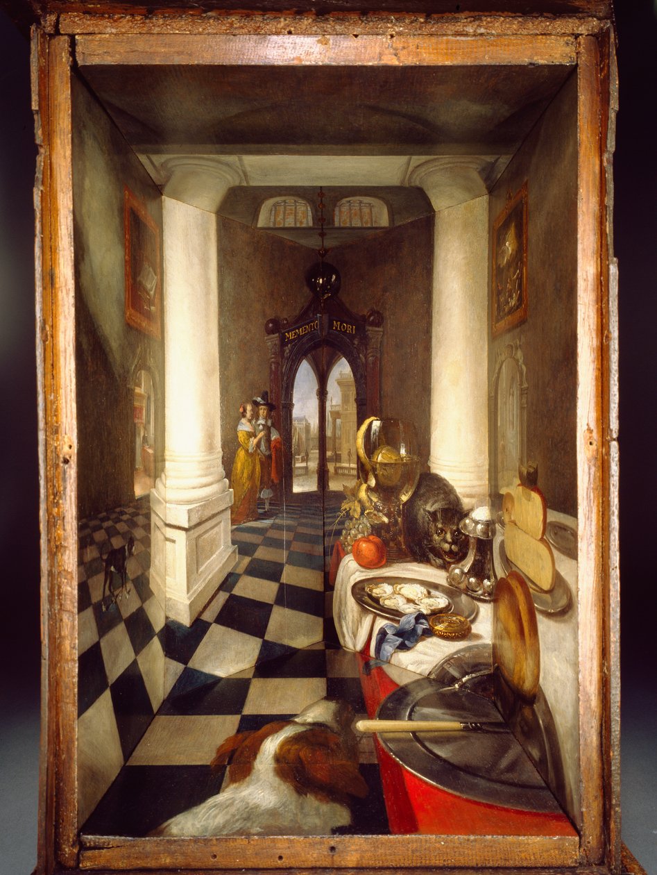 Perspektivkasse af et hollandsk interiør, 1663 (oliemaling, glasspejl og valnød) af Samuel van Hoogstraten