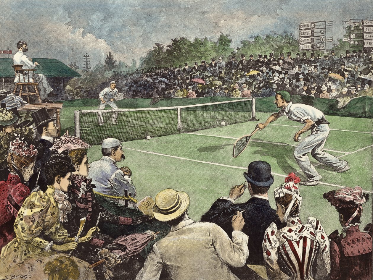 Lawn Tennis Championship i Wimbledon 1891, W Baddeley og J Pim konkurrerer i finalen (koloreret stik) af Samuel (after) Begg