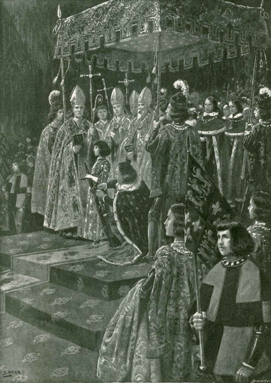 Overrækkelsen af sporer og sværd ved kroningen af Henrik VI (litografi) af Samuel (after) Begg