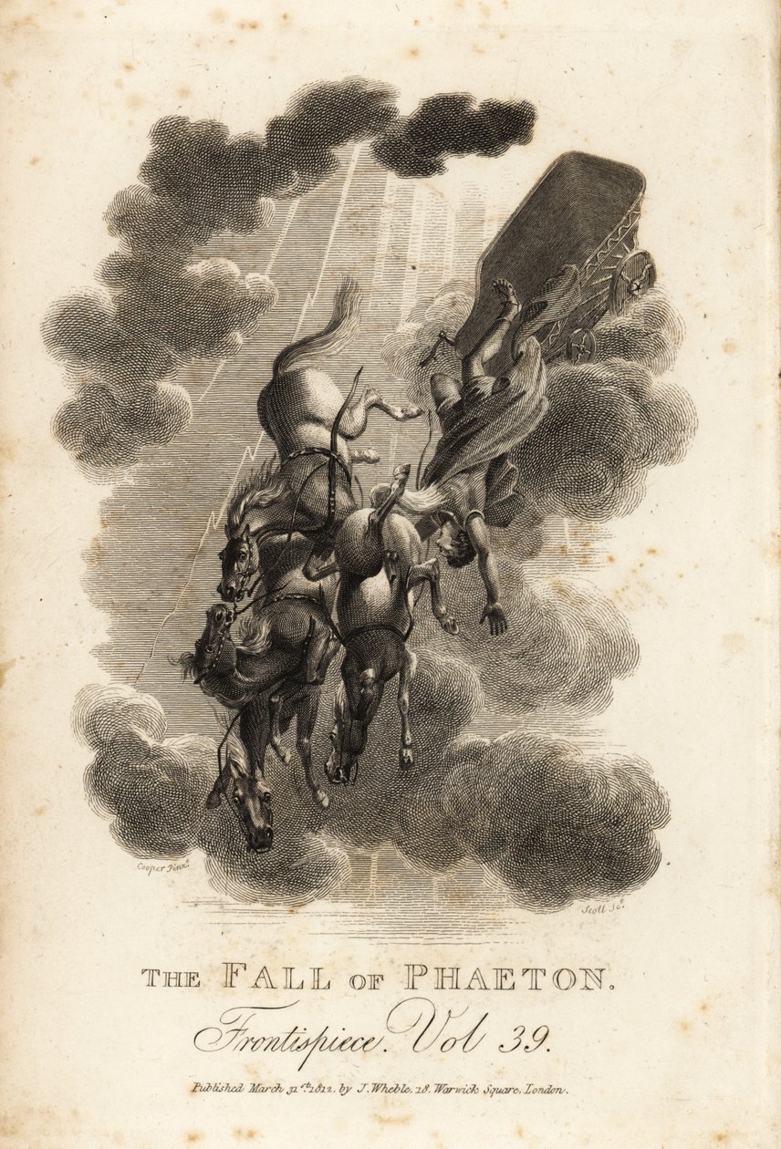 Allegorisk illustration af Phaethon, søn af Helios og Oceanid Clymene, der falder ud af himlen, mens han kører Solvognen af Samuel (after) Cooper