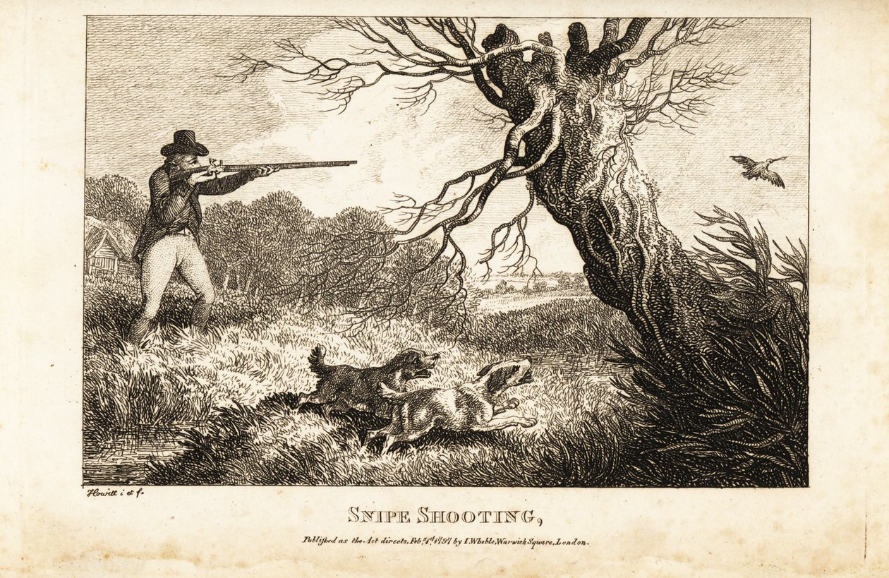 Jæger med musket og spaniels på jagt efter bekkasin nær en flod af Samuel (after) Howitt