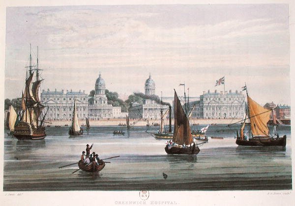 Greenwich Hospital, indgraveret af R.G. Reeve (fl.1811-37) 1828 (farvet gravering) af Samuel (after) Owen
