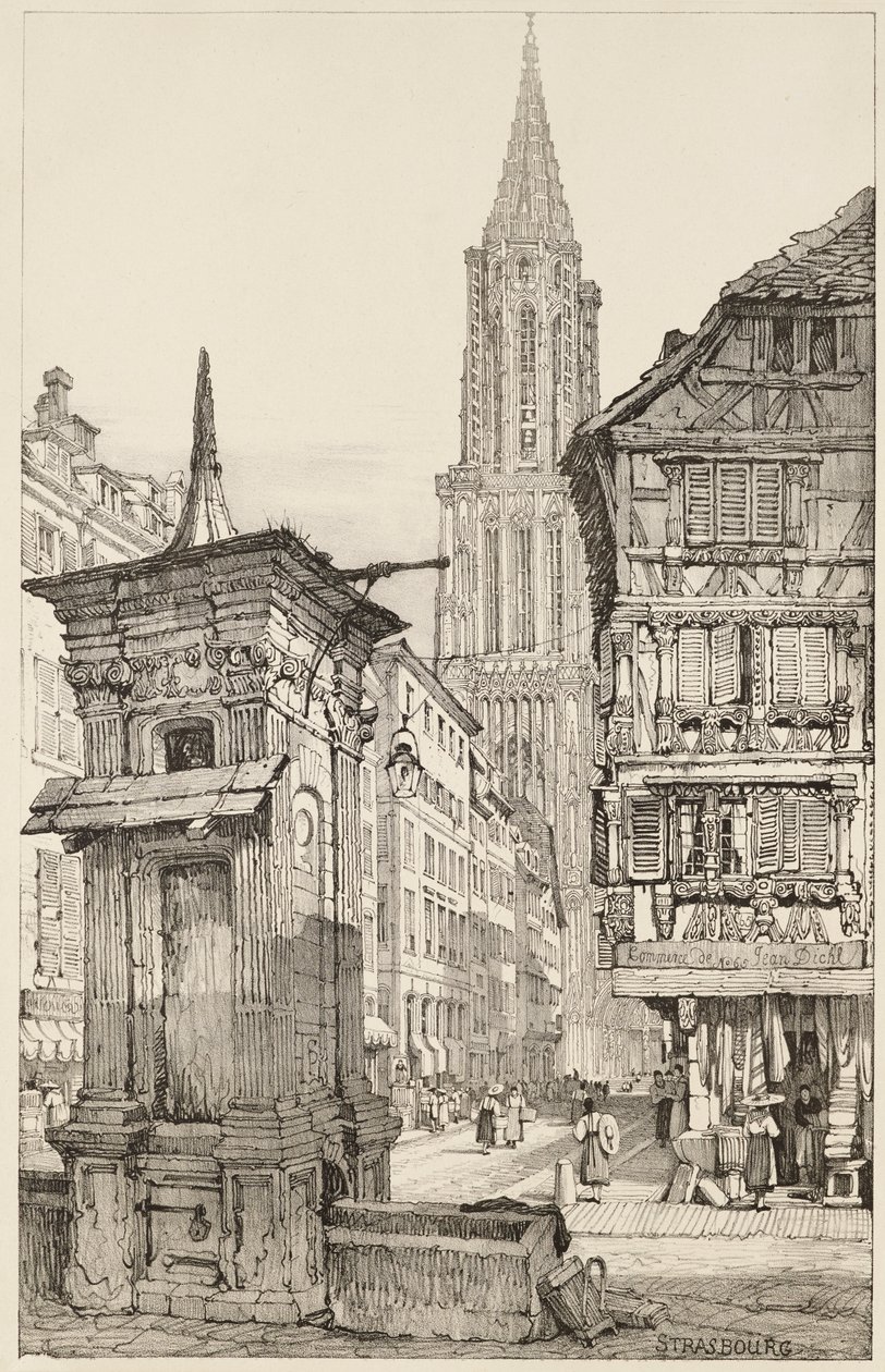Rue Mercière og vestfronten af Strasbourg-katedralen af Samuel (after) Prout