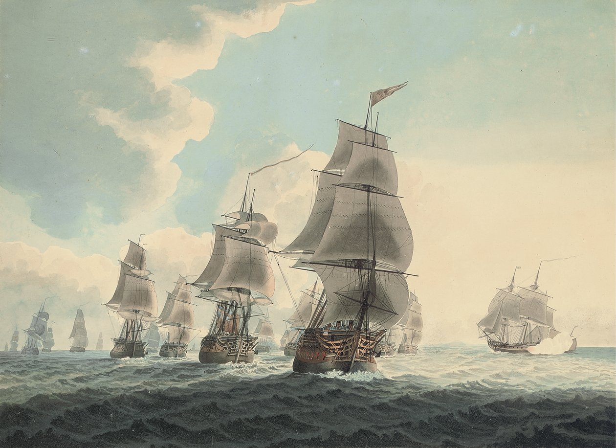 En eskadron fra Royal Navy løber ned ad kanalen (blyant, pen, sort blæk og akvarel på papir) af Samuel (attr. to) Atkins
